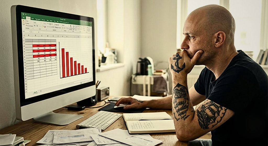 Tatuador preocupado analisando planilha de contas